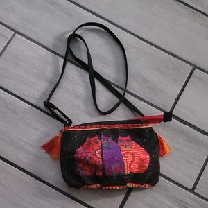 Laurel Burch Colorful Cat Design Crossbody Bag Boho Hippie